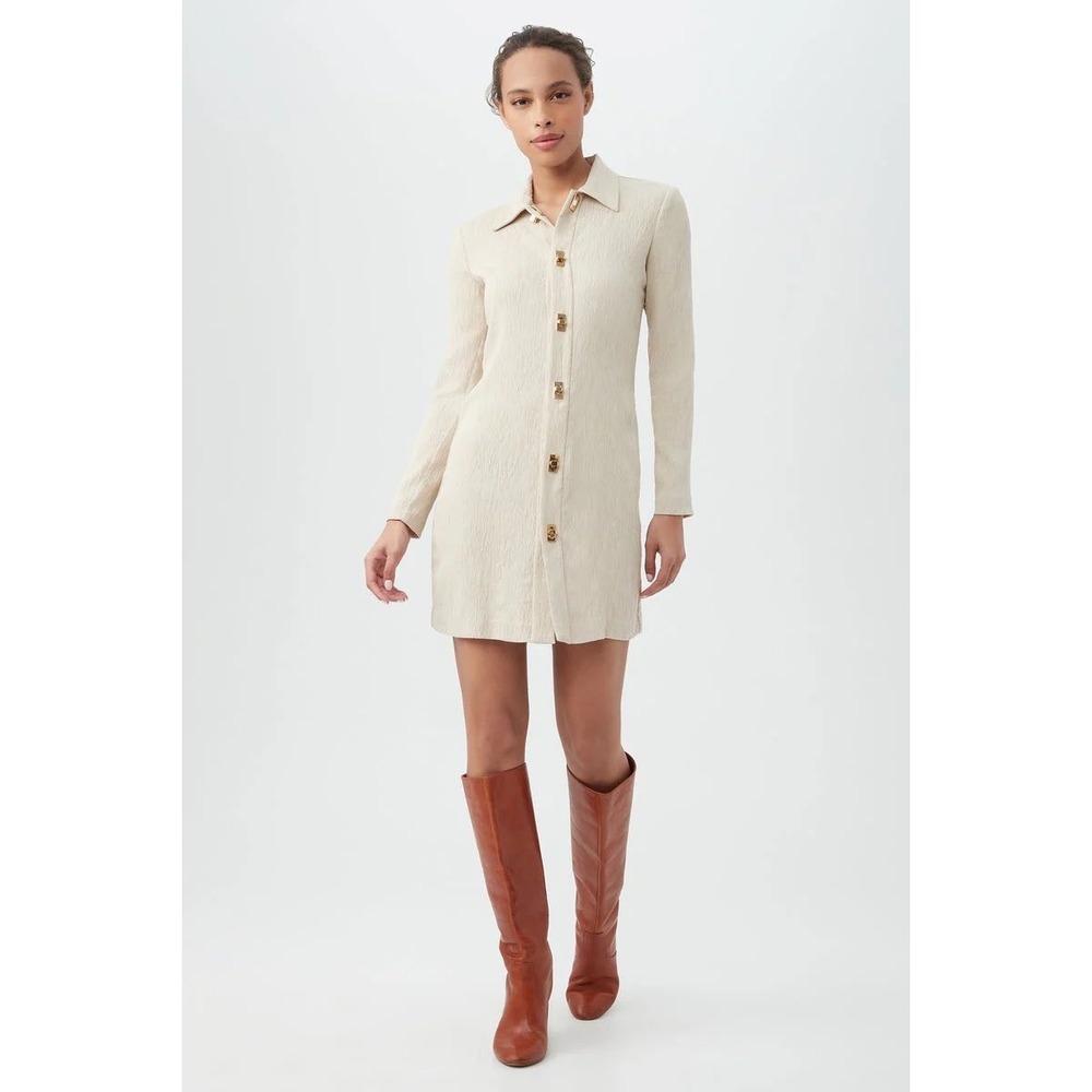 Trina Turk Barika Dress Cream Textured Long Sleeve Mini Turn Lock Gold Buttons 6